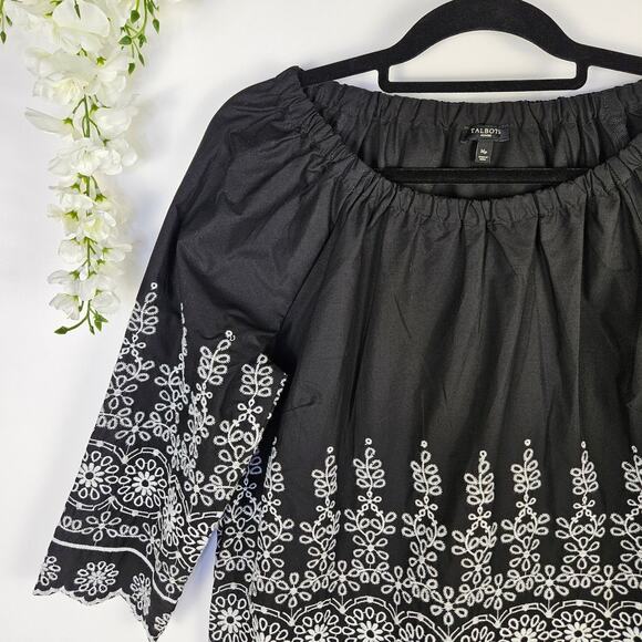 Talbots Petites Black Embroidered Peasant Top Blouse Boho Floral 3/4 Sleeve MP - Picture 4 of 9